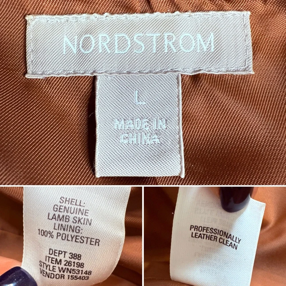 Nordstrom Genuine Lambskin Leather Zip Vest Brown Tan Lined Minimalist Y2K Large - Picture 6 of 10